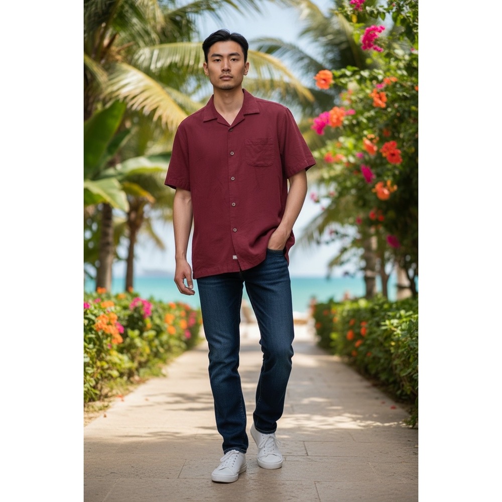 Tommy Bahama Mens Medium 100% Silk Burgundy Jacquard Palm Leaf Camp Shirt Red